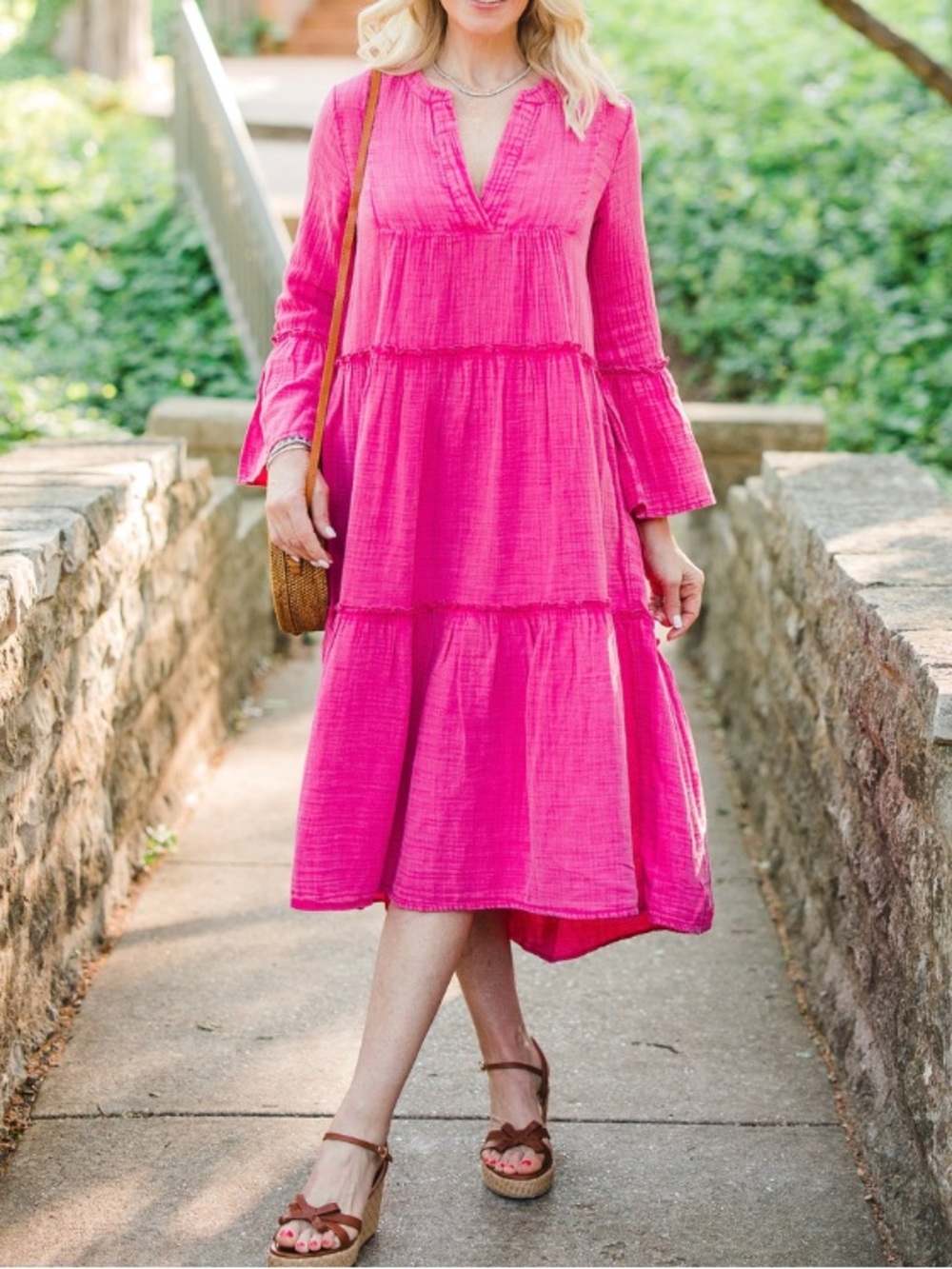 Faherty Granita Pink Dream Cotton Gauze Vida Midi V-neck Dress Sz M